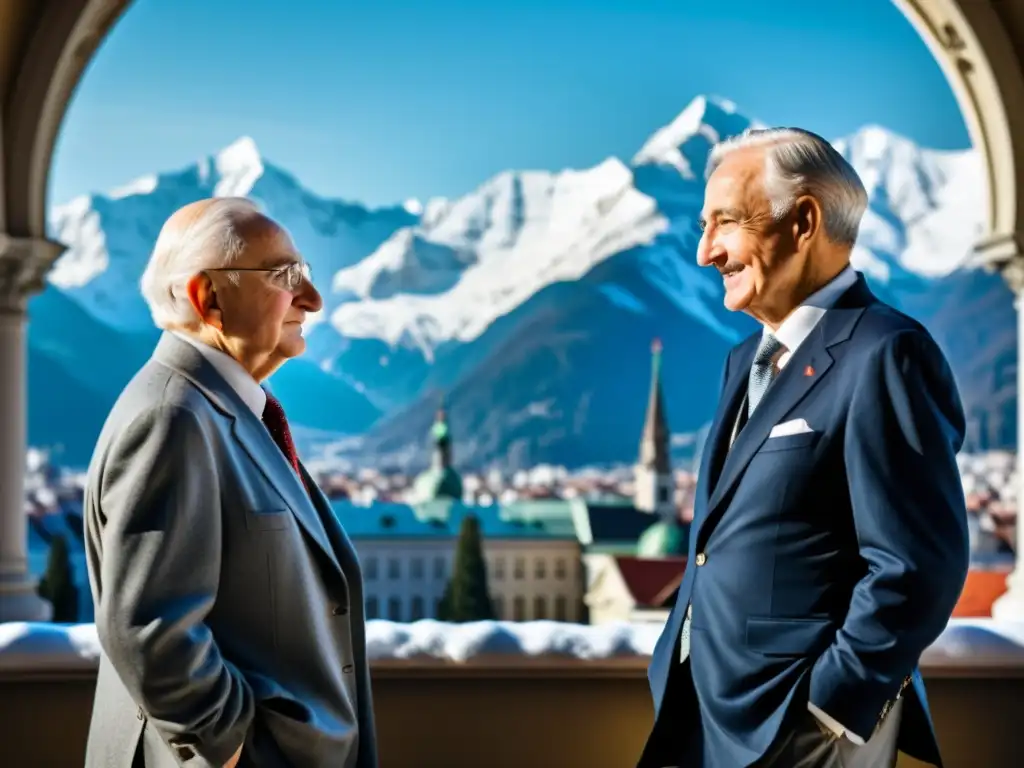 Ludwig von Mises y Friedrich Hayek discuten en la Universidad de Viena, rodeados de arquitectura clásica austriaca y los Alpes