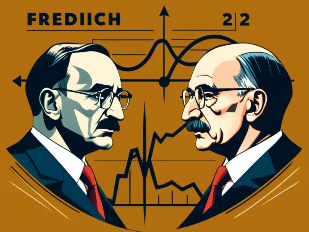 Friedrich Hayek y John Maynard Keynes debaten intensamente, rodeados de gráficos económicos que representan los ciclos económicos