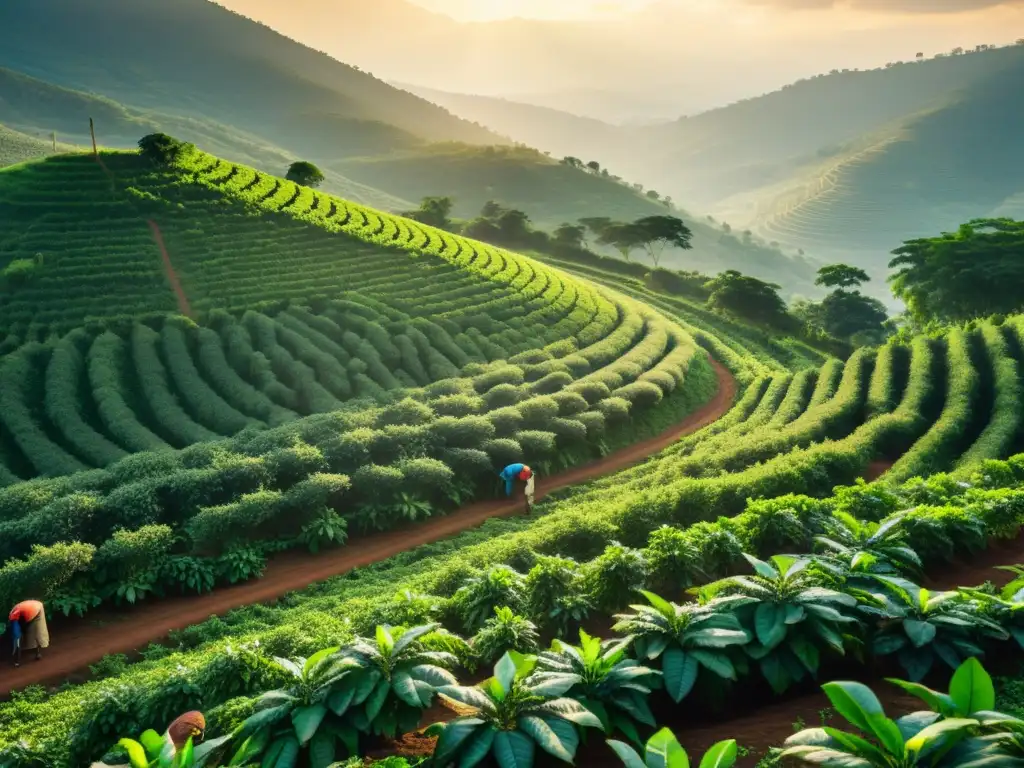 Plantación de café en Ruanda, trabajadores cosechando bajo el sol, reflejando las raíces agrícolas y el milagro económico de Ruanda