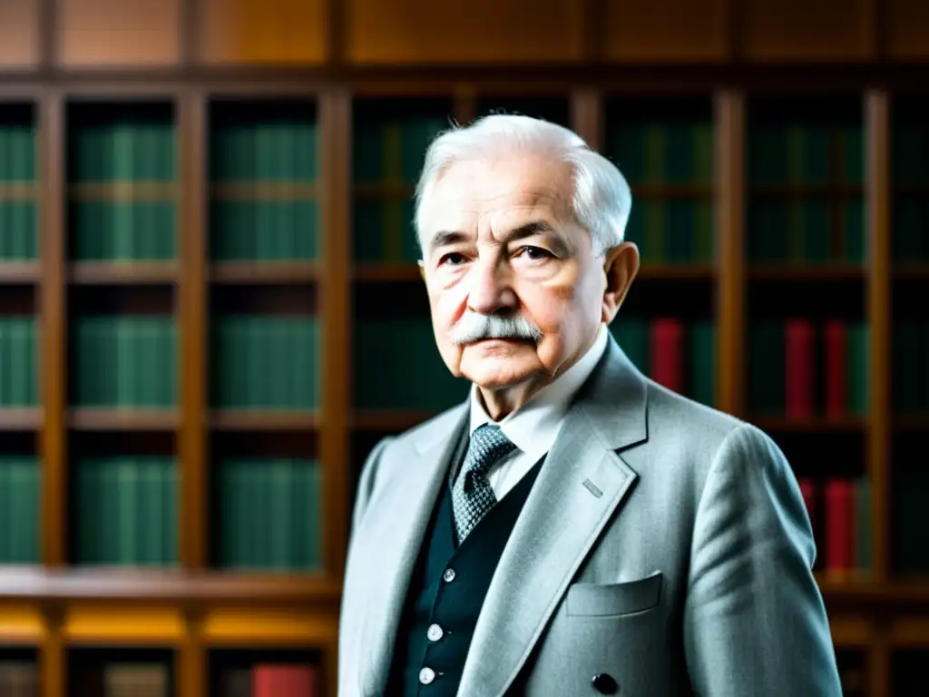 Ludwig von Mises irradia sabiduría en una biblioteca clásica