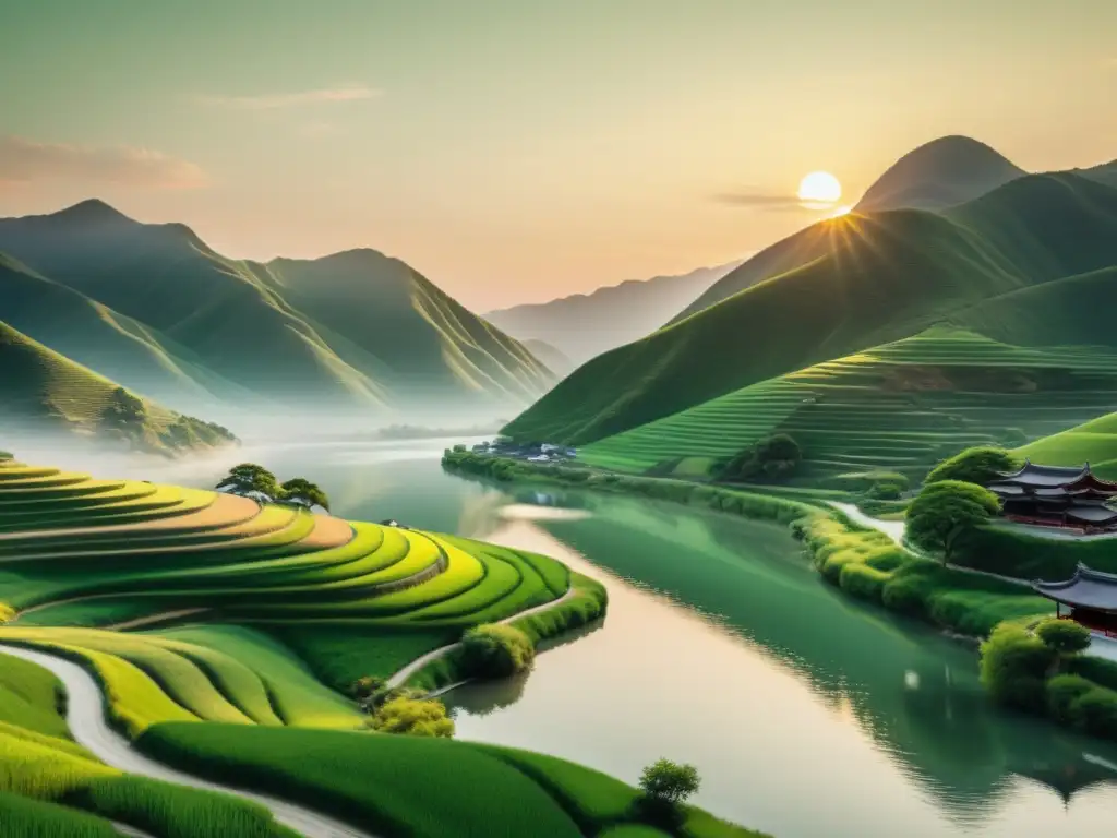 Una serena y minimalista imagen de un paisaje asiático en 8k, con colinas verdes, un río tranquilo y una suave puesta de sol en tonos pastel