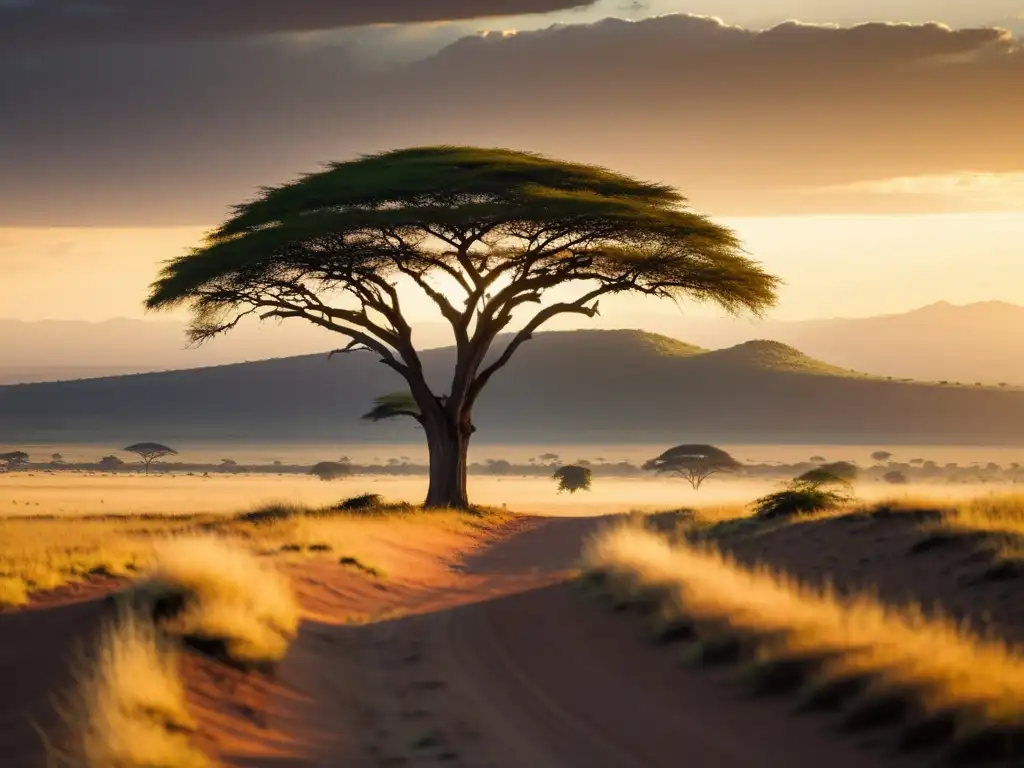 Una serena sabana africana al atardecer, con un solitario árbol de acacia proyectando una larga sombra