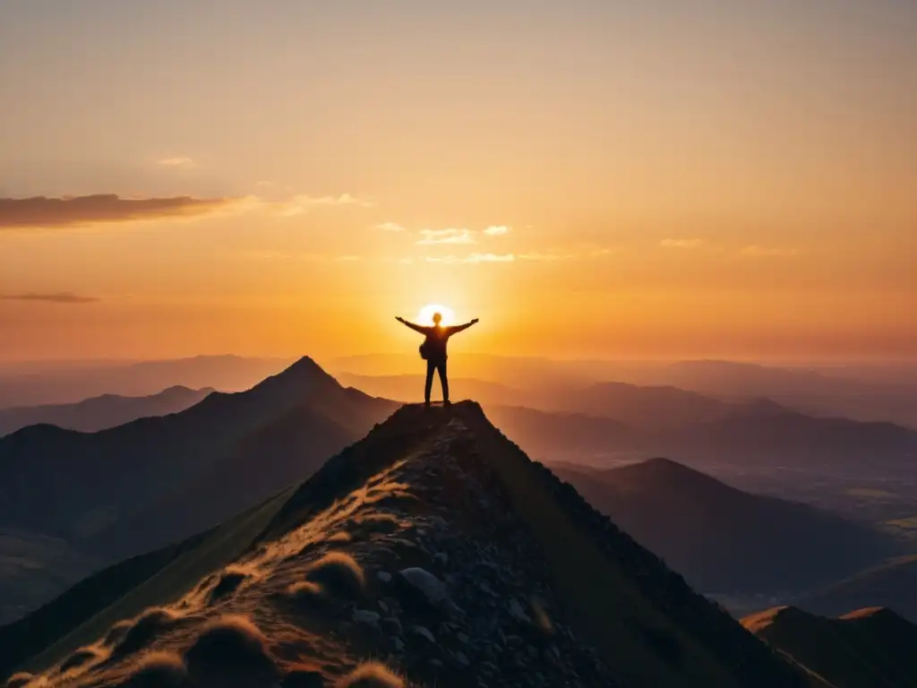 Silueta en la cima de la montaña al atardecer, expresando logro y determinación