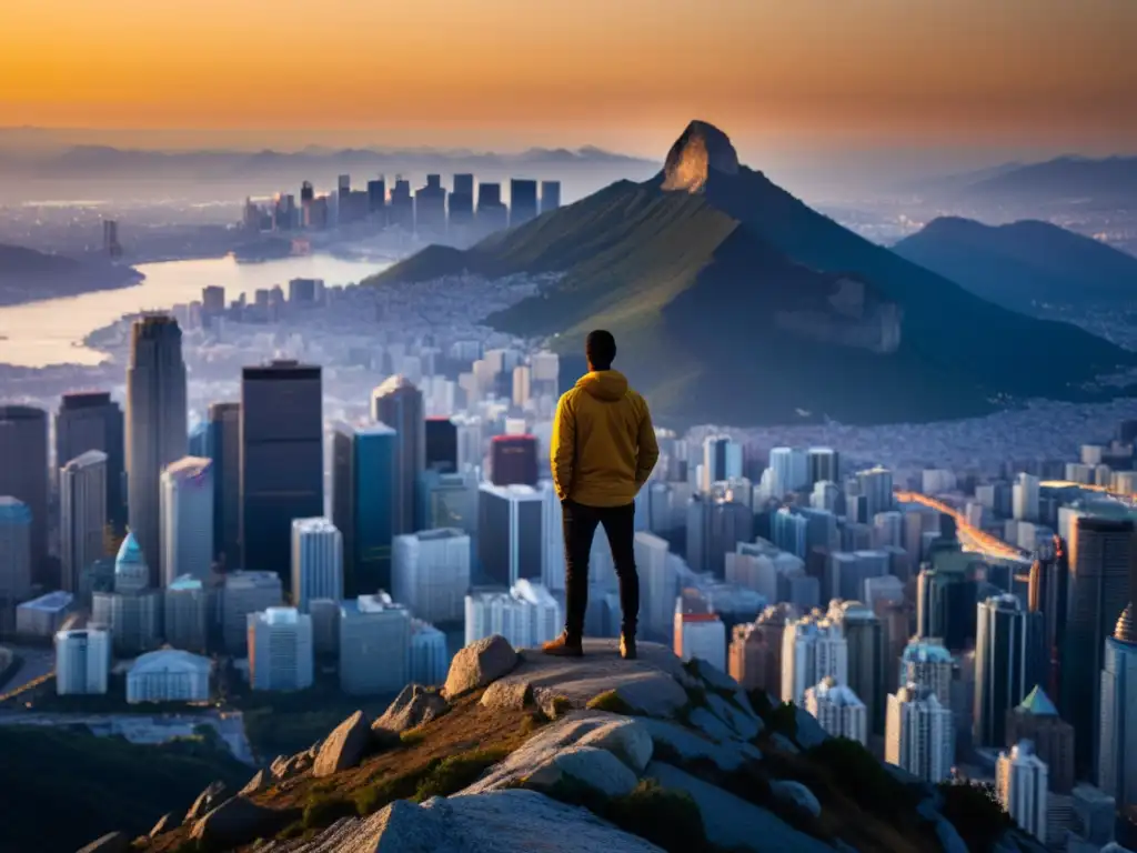 Silueta en la cima de la montaña observando la ciudad moderna al atardecer