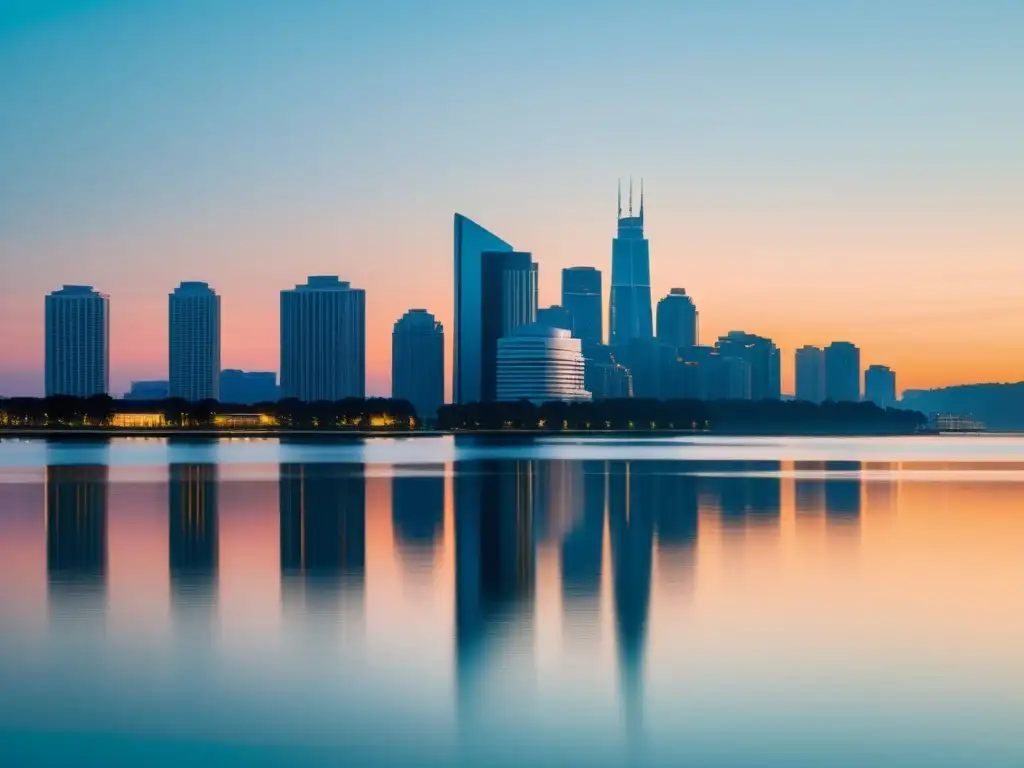 Silueta de ciudad moderna al amanecer reflejada en el agua