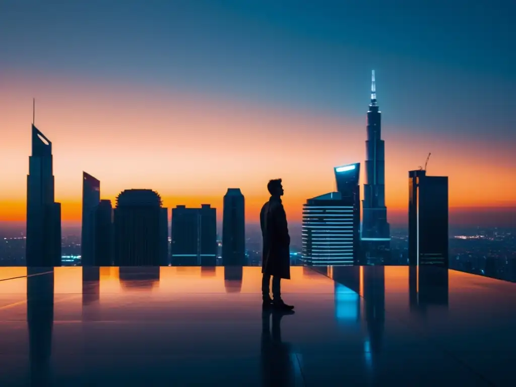 Figura solitaria contemplando la ciudad futurista al atardecer Silueta contemplativa en ciudad futurista al anochecer