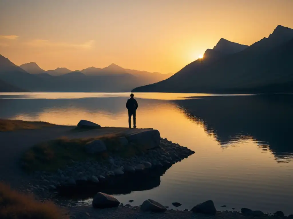 Silueta contemplativa frente al lago al atardecer, evocando la acción humana y el éxito empresarial en la naturaleza serena