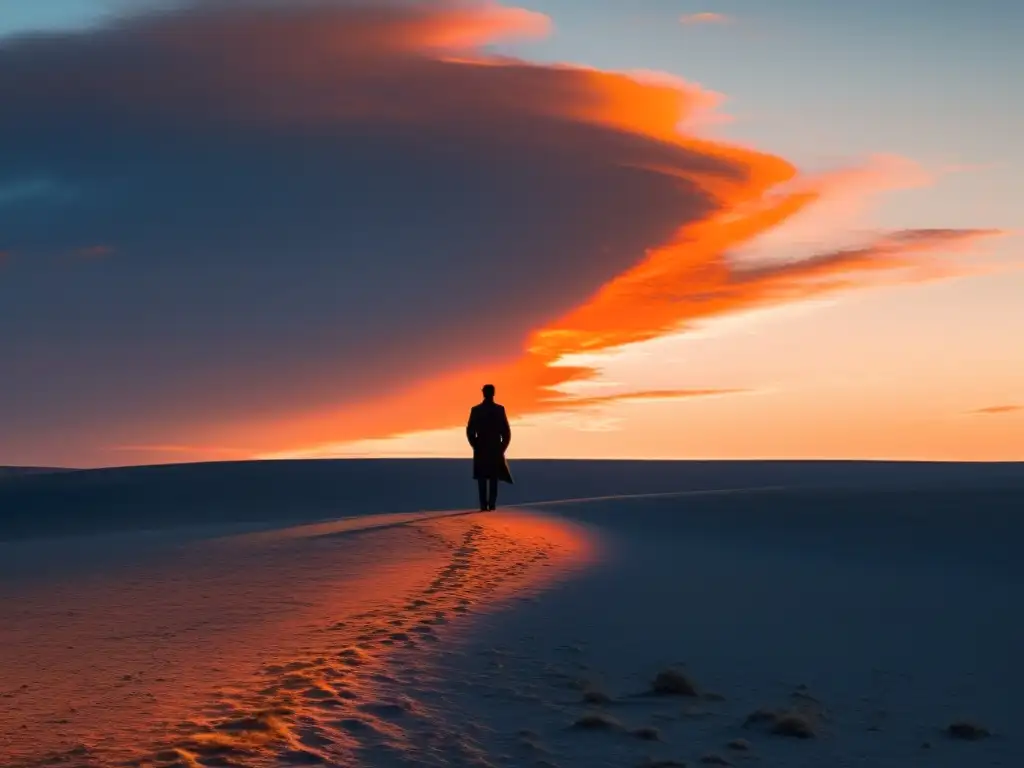 Silueta de figura solitaria contemplando el horizonte al atardecer