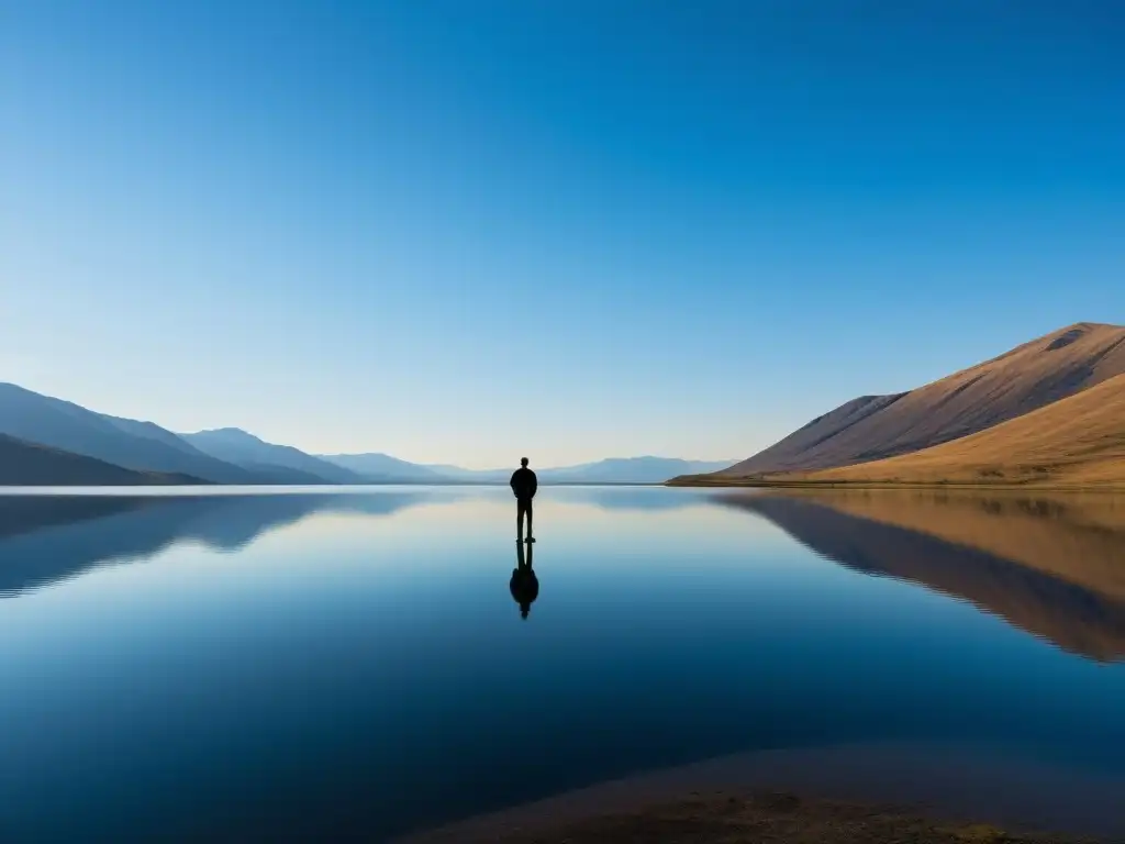 Silueta en lago tranquilo reflejando montañas y cielo azul, evocando serenidad y contemplación en perspectiva austriaca crisis económica