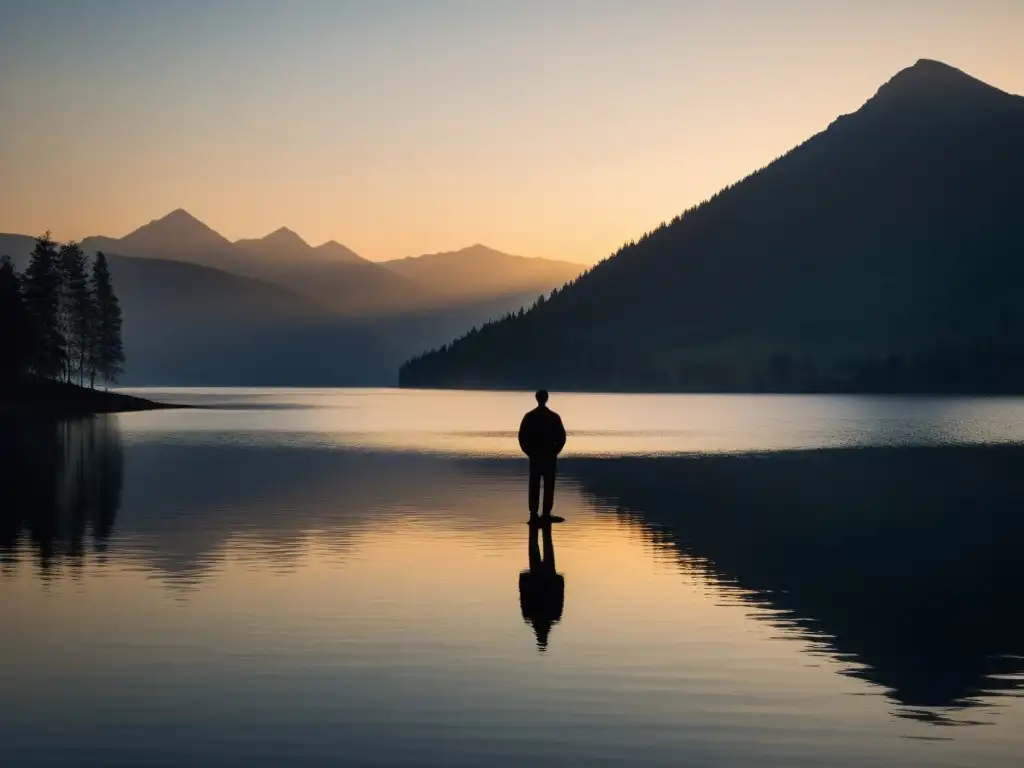 Silueta en lago tranquilo, reflejos de montañas y árboles, atardecer sereno