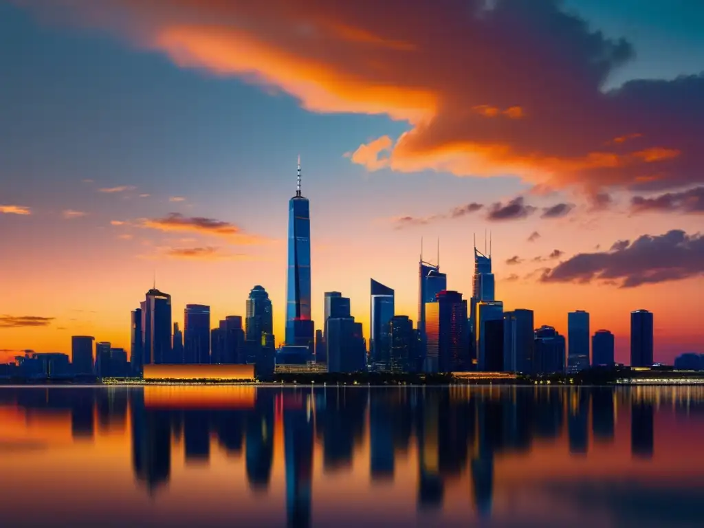 Silueta moderna de la ciudad al atardecer, con rascacielos reflectantes y un cielo multicolor vibrante, iluminado por luces cálidas