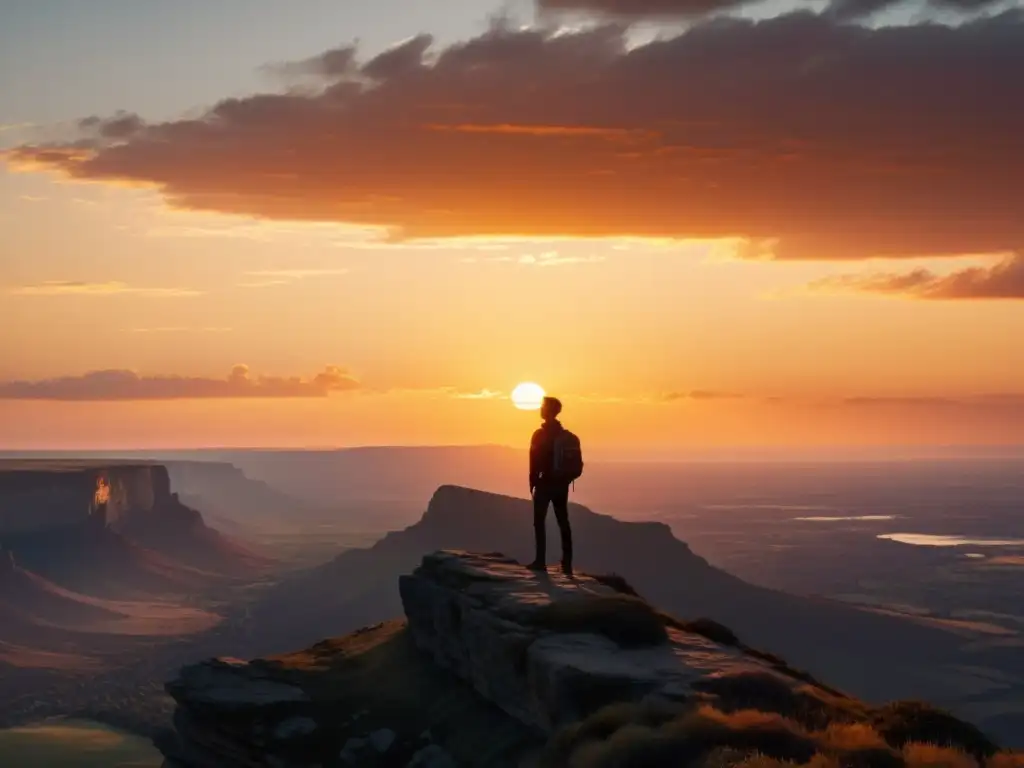 Silueta de persona en acantilado, contemplando atardecer en paisaje amplio