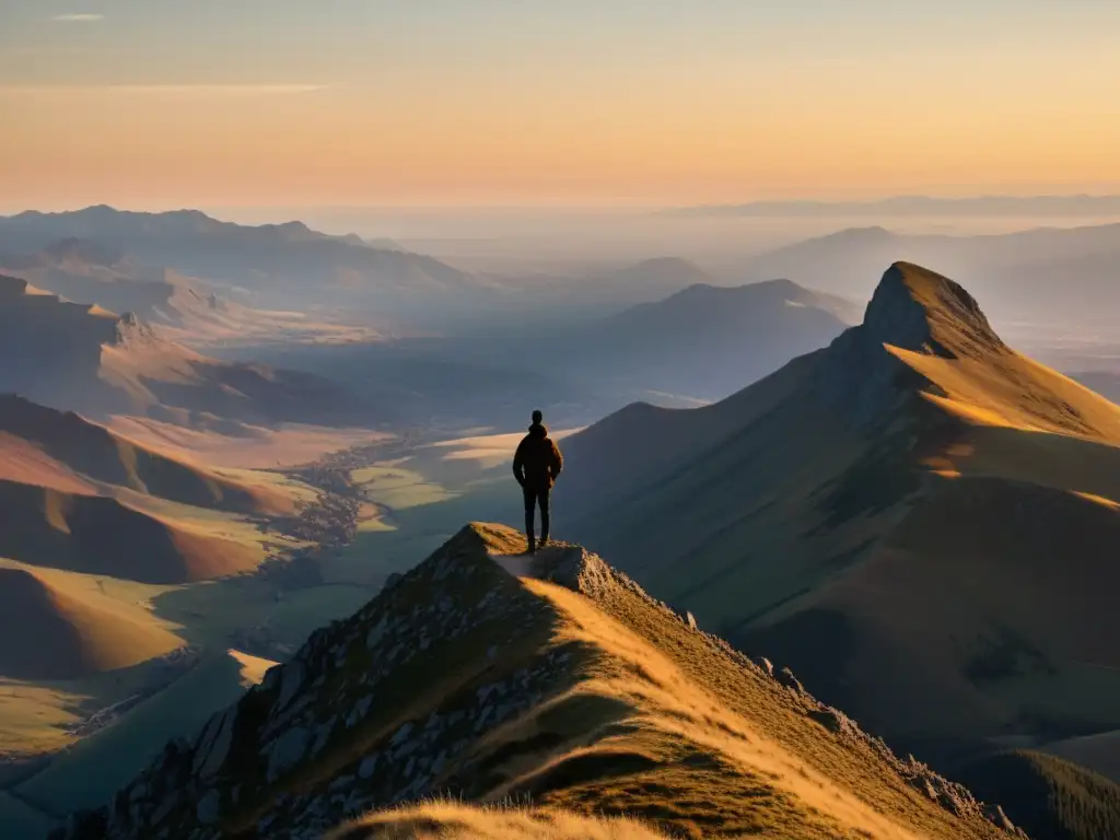 Silueta solitaria en la cima de la montaña al atardecer, evocando individualismo y orden económico