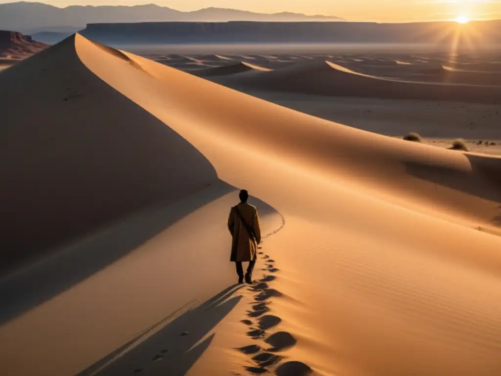 Silueta solitaria en desierto vasto al atardecer, evocando contemplación y enfoque en la acción individual