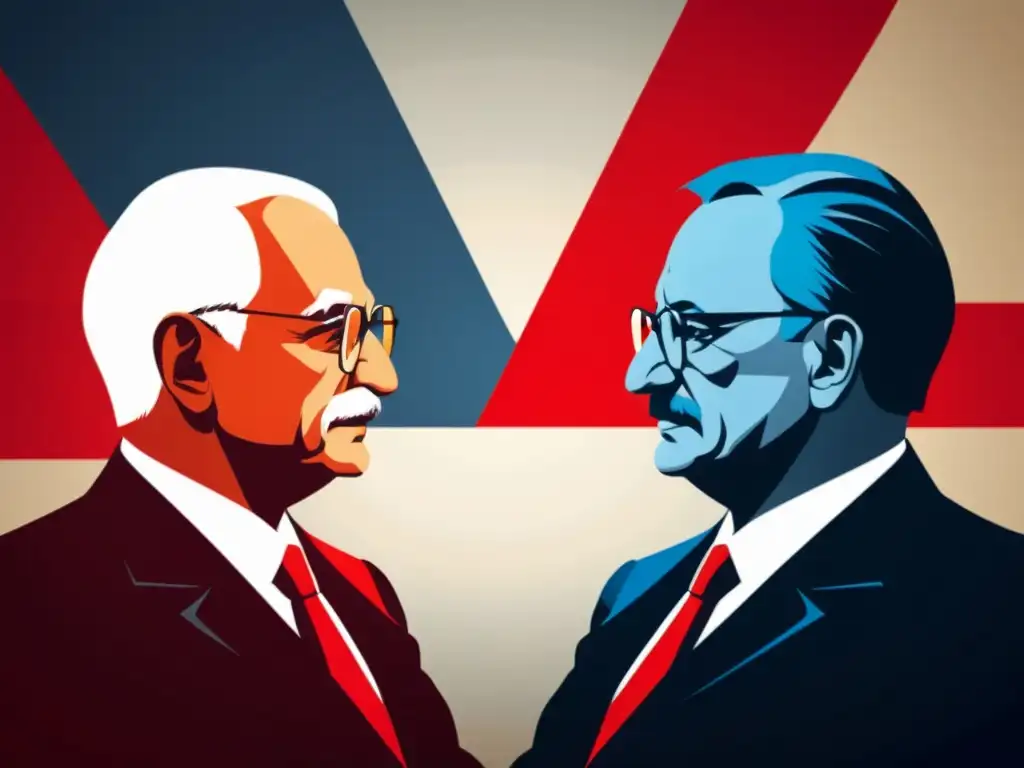 Siluetas de Mises y Hayek discutiendo frente a la bandera austriaca