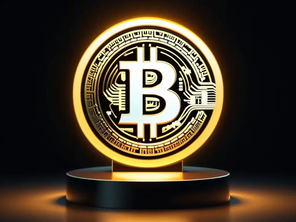 Un símbolo de Bitcoin futurista y elegante descansa sobre un pedestal iluminado