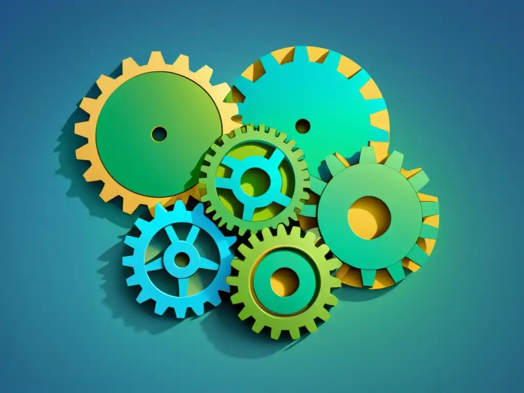Sinergia económica: Gears interconectados en azul y verde Un sistema de engranajes interconectados en azul y verde simboliza las políticas de descentralización para combatir la inflación
