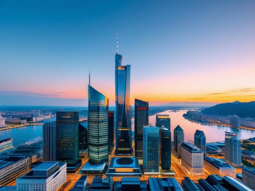 Un skyline financiero moderno en la Escuela Austriaca, fusionando arquitectura y tecnología para la gestión de riesgos con elegancia al atardecer