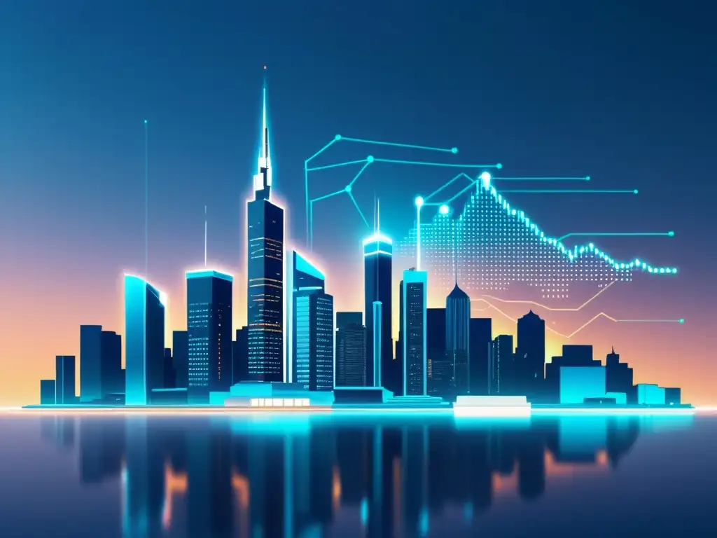 Un skyline futurista con edificios conectados y tecnología financiera integrada, iluminados con un suave resplandor