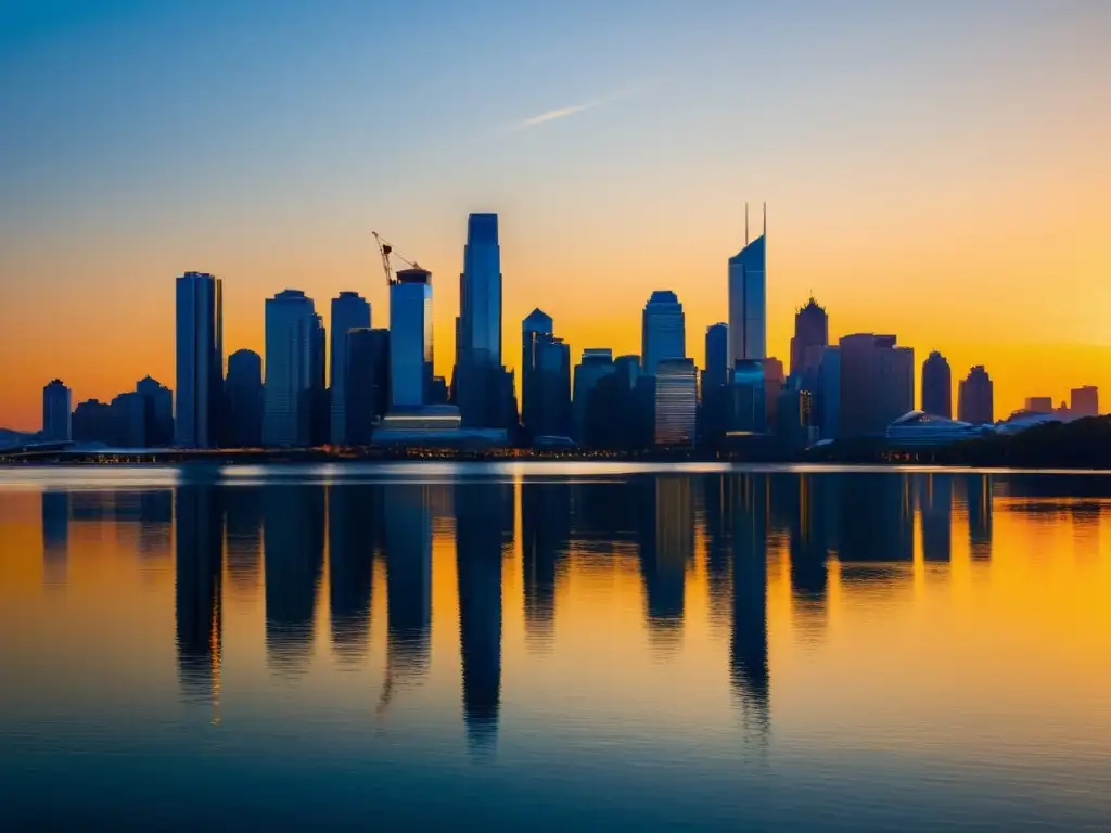 Un skyline urbano moderno al atardecer, con rascacielos reflectantes bañados por la cálida luz dorada