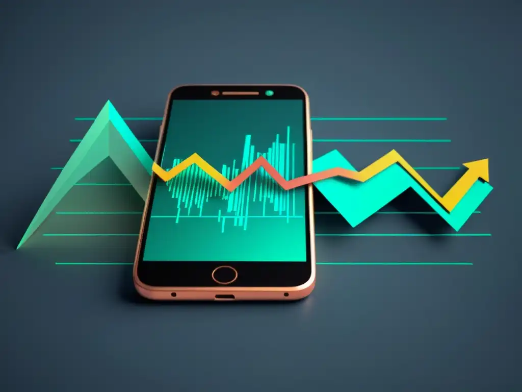 Un smartphone muestra gráfica de activos digitales, con fondo de códigos binarios y formas geométricas