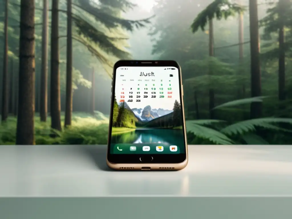 Un smartphone minimalista descansa en un escritorio blanco, con un fondo neutro y una tranquila imagen de bosque