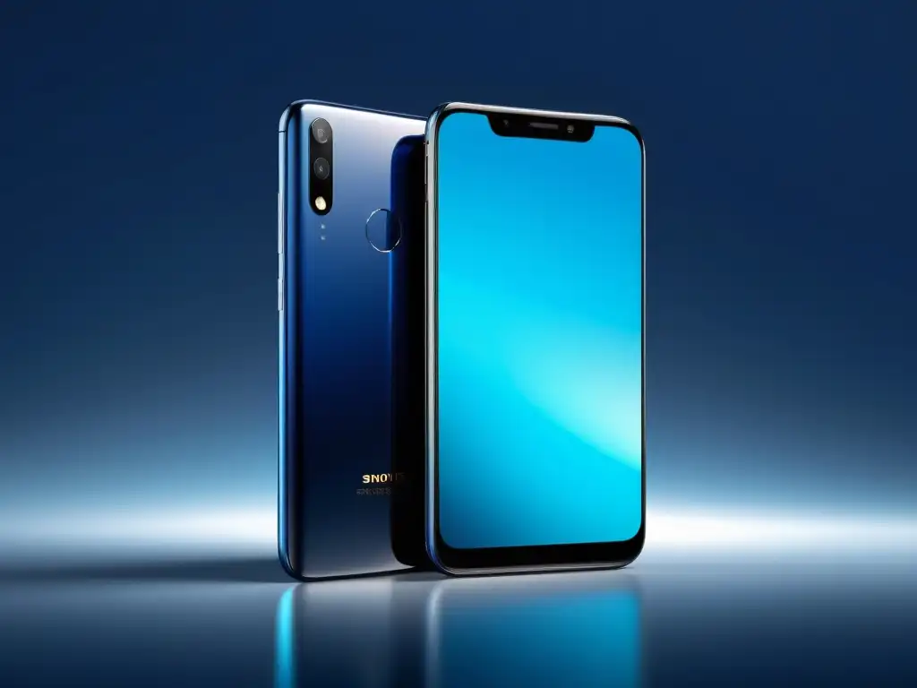 Smartphone futurista en azul sobre negro Un smartphone moderno y elegante con una pantalla futurista que emite luz azul, en un fondo degradado de negro a azul medianoche