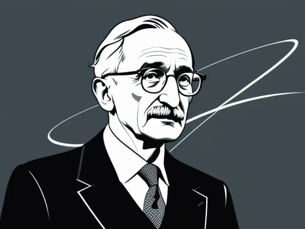 Friedrich Hayek desafía el socialismo en ilustración minimalista en blanco y negro, mostrando su determinación y claridad de pensamiento