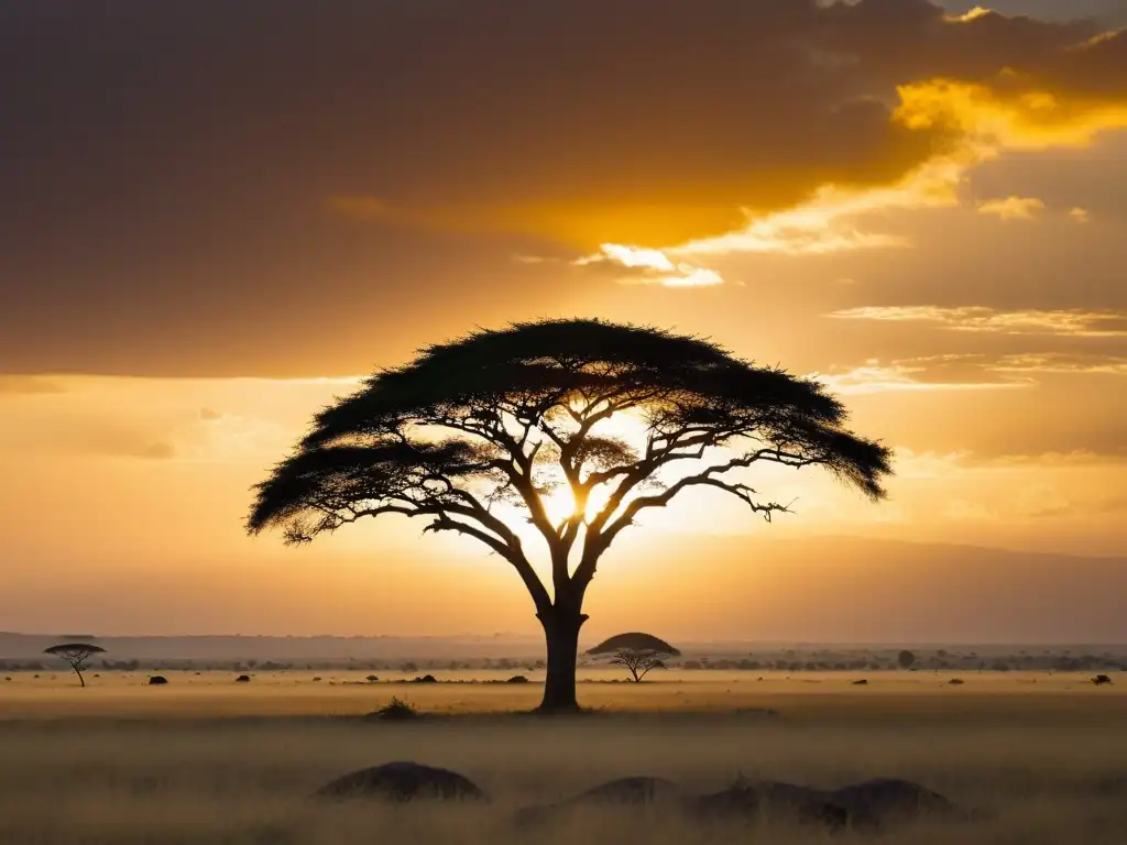 El sol poniente baña la vasta sabana africana en una serena luz dorada, resaltando un solitario árbol acacia