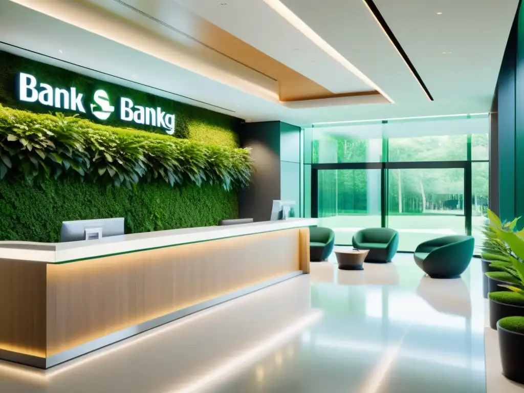 Una sucursal bancaria moderna, minimalista y futurista rodeada de vegetación exuberante