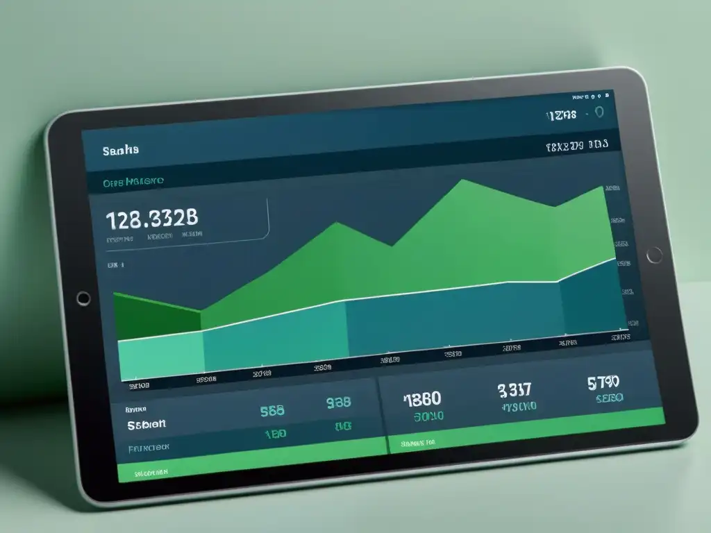 Tableta digital muestra un dashboard financiero moderno y minimalista