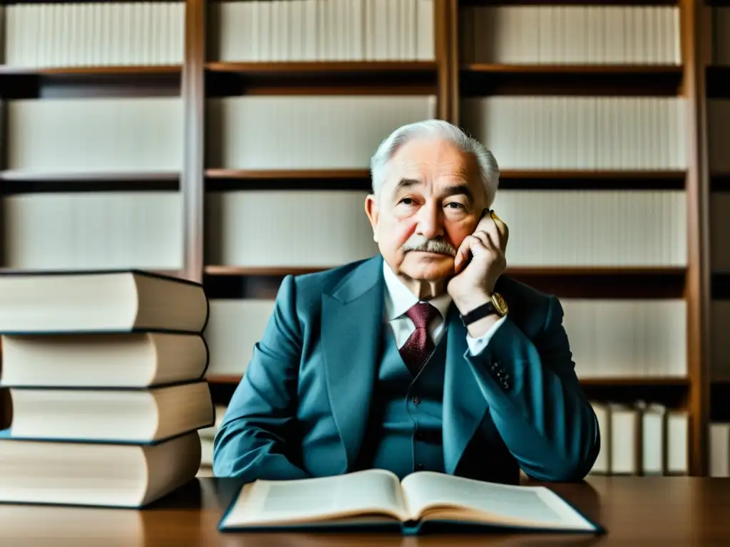 Ludwig von Mises: Ilustración detallada en línea Ludwig von Mises reflexiona sobre Teorías de la Escuela Austriaca de Economía rodeado de libros y papeles