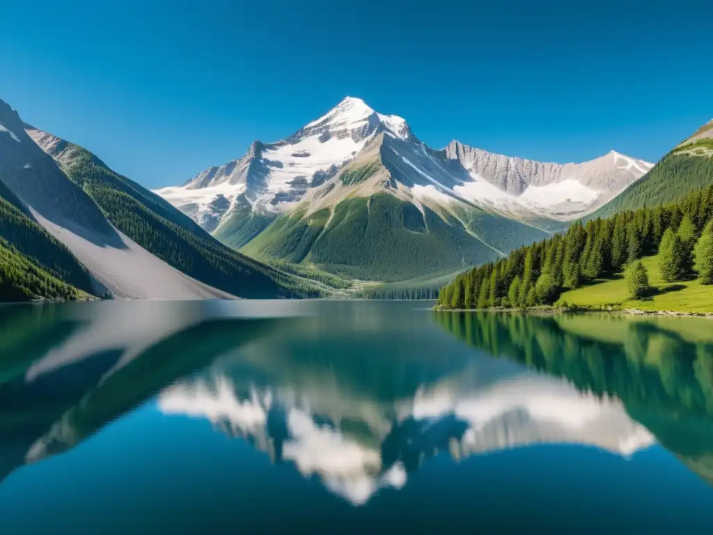 Una tranquila y serena escena de montaña con un lago cristalino reflejando picos nevados