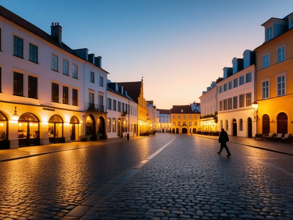 Un tranquilo atardecer en la plaza de una ciudad, con cálidas luces iluminando las calles empedradas y edificios históricos