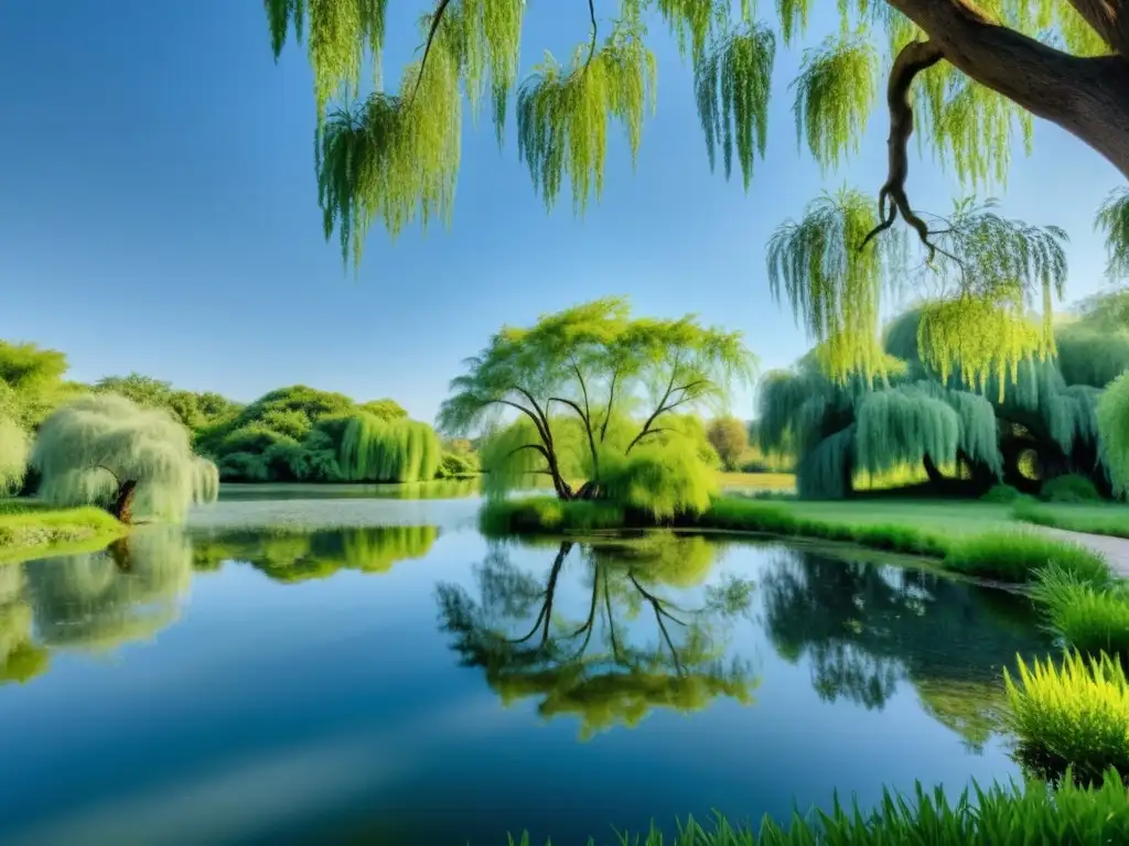 Un tranquilo estanque rodeado de exuberante vegetación, reflejando el cielo azul y enmarcado por ramas gráciles de sauce llorón