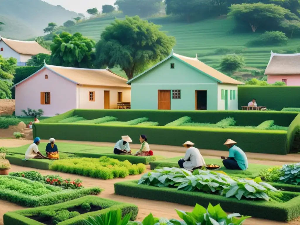 Un tranquilo pueblo postconflicto con edificios pastel rodeados de vegetación