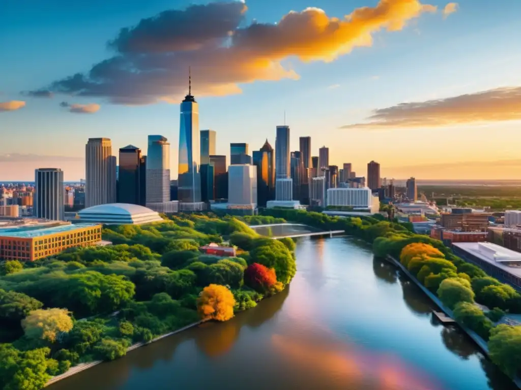 Un vibrante atardecer en una bulliciosa ciudad reflejada en edificios modernos