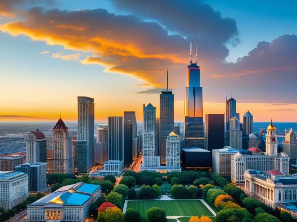 Vibrante atardecer destaca skylines de la Escuela Austriaca y la Escuela de Chicago, simbolizando Libre Comercio vs Proteccionismo