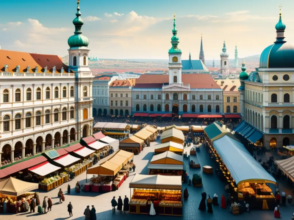 Vibrante ilustración de un bullicioso mercado en la Viena del siglo XIX, con pensadores, comerciantes y la arquitectura icónica, capturando la influencia del pensadores en el capitalismo austriaco