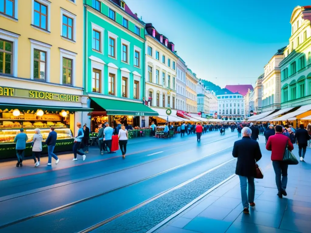 Vibrante calle comercial vienesa con actividad de consumidores, reflejando la cultura austriaca y la tecnología para entender al consumidor