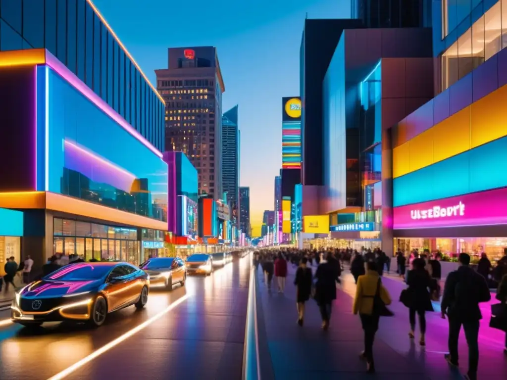 Vibrante calle nocturna en la ciudad con modernos edificios iluminados y gente, reflejando la energía urbana