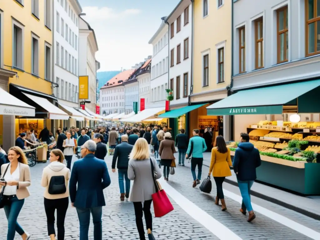 Vibrante calle urbana con intercambio de bienes y servicios, reflejando la economía colaborativa Teoría Austriaca