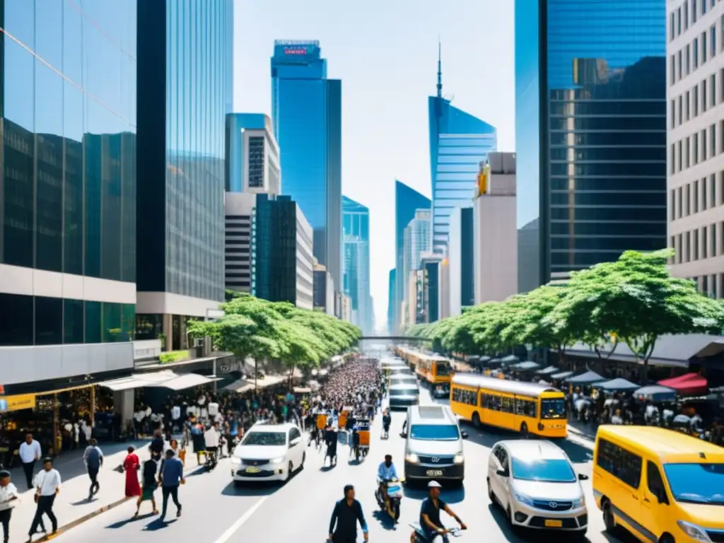 Vibrante calle urbana con rascacielos al fondo, reflejando la descentralización como arma contra recesión en una economía conectada y próspera