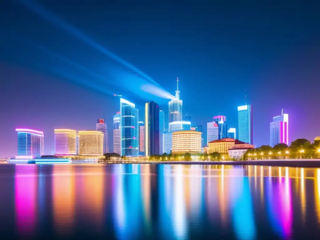 Horizonte urbano futurista iluminado por luces de neón Vibrante ciudad futurista reflejada en el agua, con edificios modernos iluminados por luces de neón
