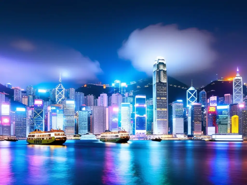 Vibrante ciudad de Hong Kong de noche, con luces de neón reflejadas en el puerto Victoria, mostrando la prosperidad laissez faire Hong Kong