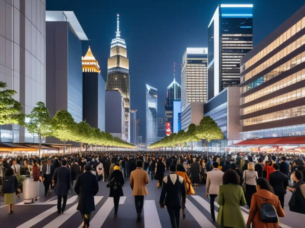 Metrópolis nocturna: dinamismo urbano y crecimiento económico Vibrante ciudad nocturna con rascacielos iluminados