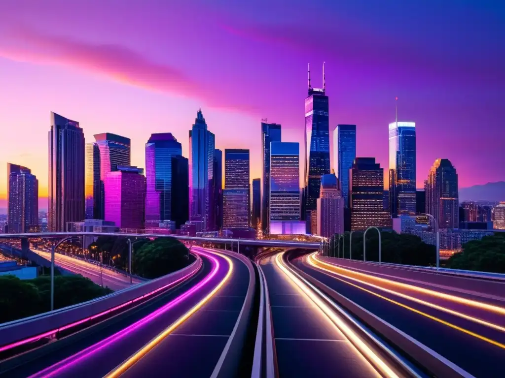 Vibrante ciudad al anochecer, con rascacielos iluminados en un atardecer rosado y morado