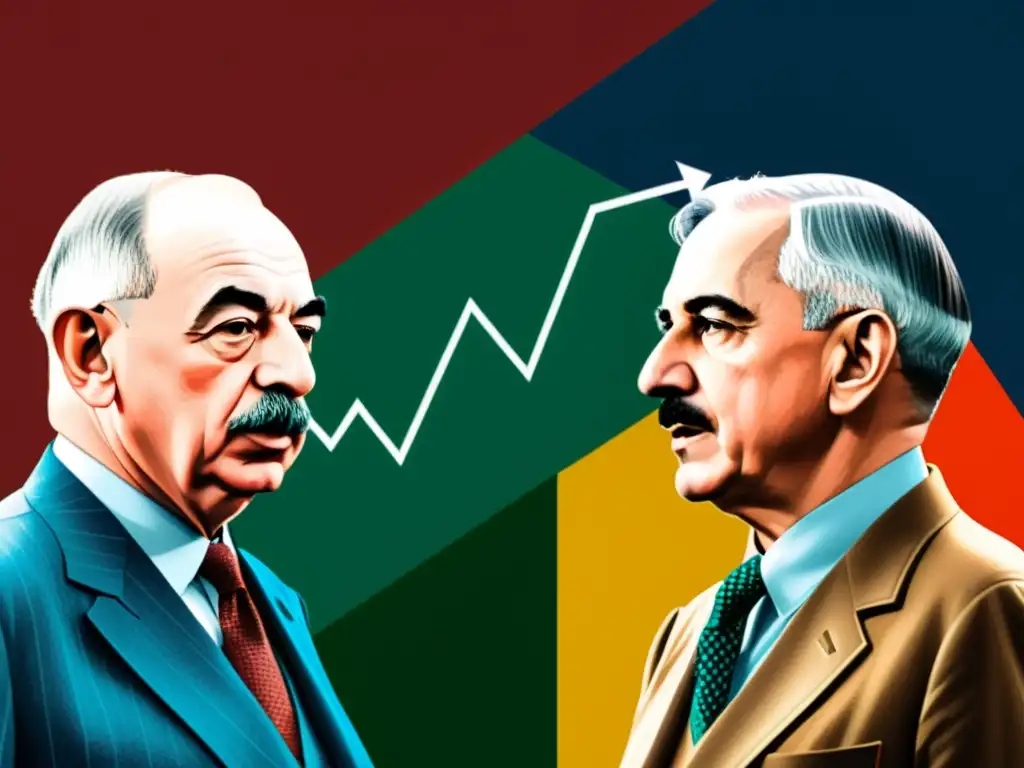 Vibrante contraste visual entre las teorías económicas de Keynes y Mises