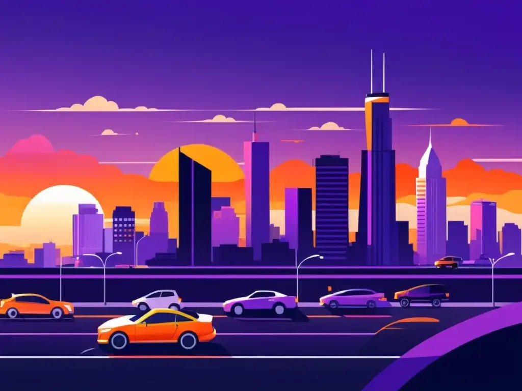 Vibrante ilustración digital de una bulliciosa ciudad al atardecer, reflejando la energía económica y la modernidad