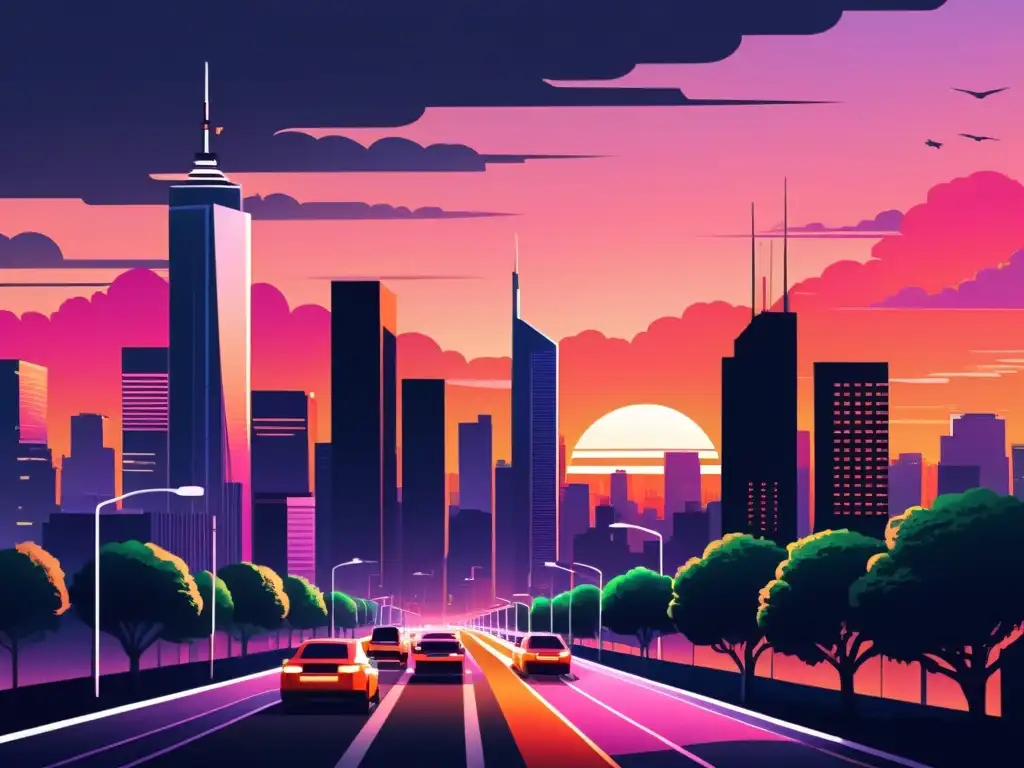 Vibrante ilustración digital de una bulliciosa ciudad al atardecer, con rascacielos brillantes, calles llenas de autos y un cielo anaranjado y rosa